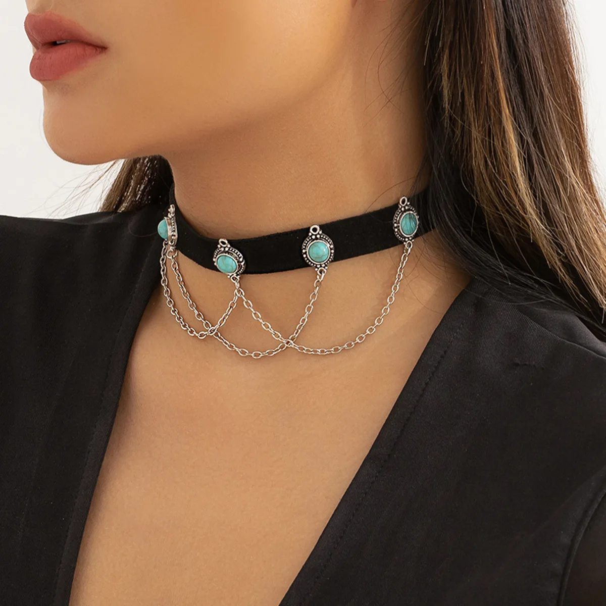 Accessories Alloy Sweet Cool Babes Choker Collar Vintage Black Flannel Turquoise Tassel Necklace