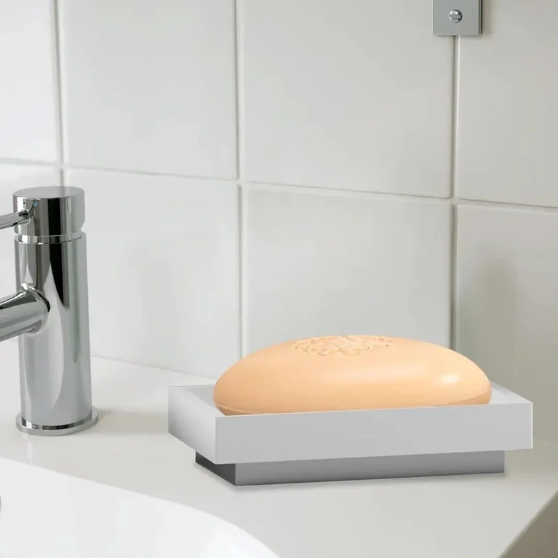 

Ceramic Soap Dish with Metal Trim for Bathroom, Shower, Kitchen Counter