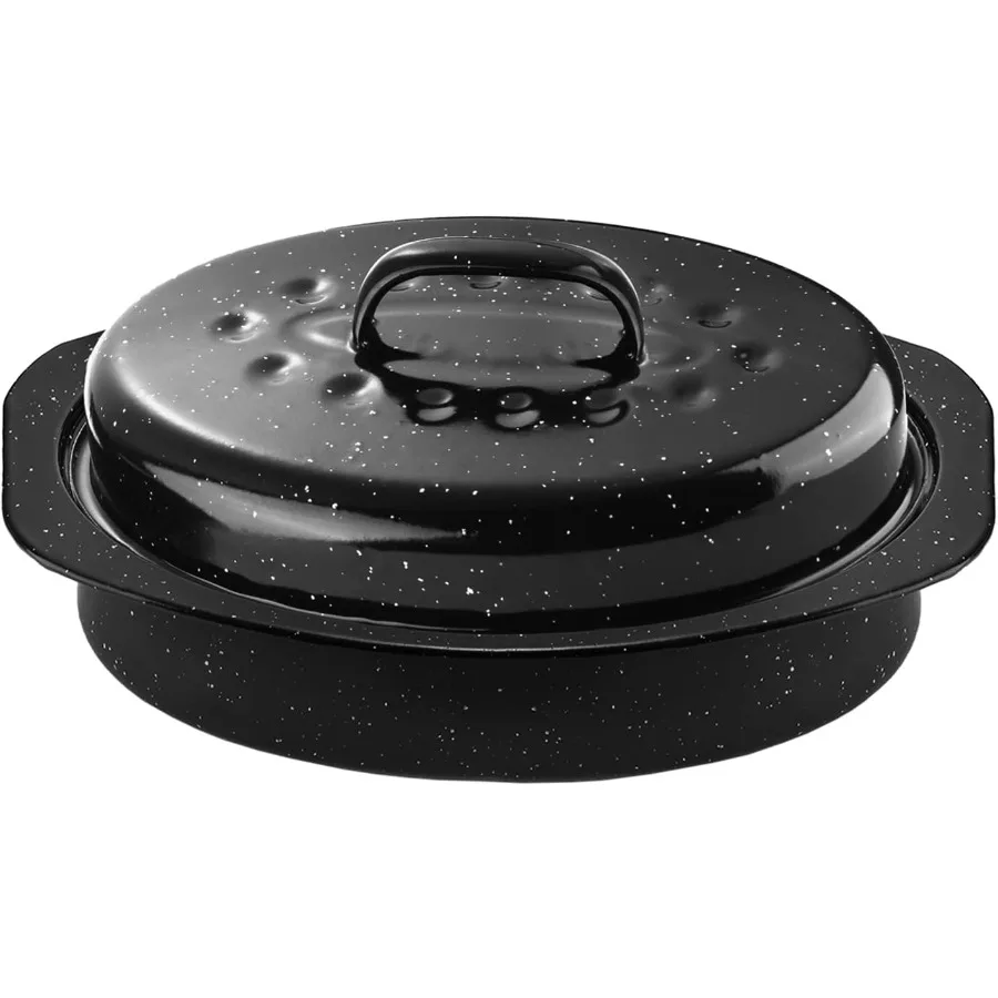 

13-дюймовая сковорода для обжарки, эмалированная сталь, черная овальная сковорода с крышкой, маленькая посуда для индейки, маленькая куриная жареная сковорода