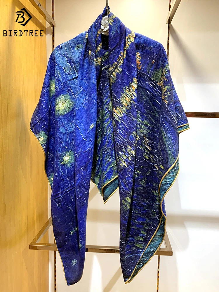 

Birdtree 70%Wool 30%Real Silk Scarve Double-sided Oil Painting Starry Sky Comfortable Mom's Gift Shawl 2024 Spring A41405QD