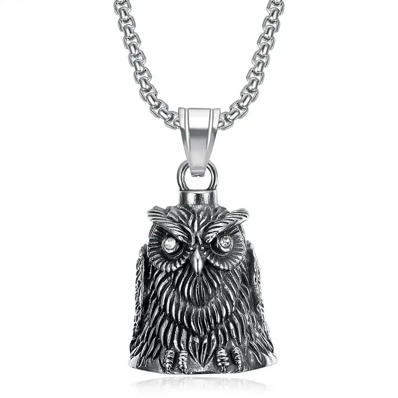 Fashionable Crystal Eyes Owl Wings Bell Pendant Lucky Motorcycle Bell Necklace Biking Punk Rock Lucky Exorcism Jewelry for Men