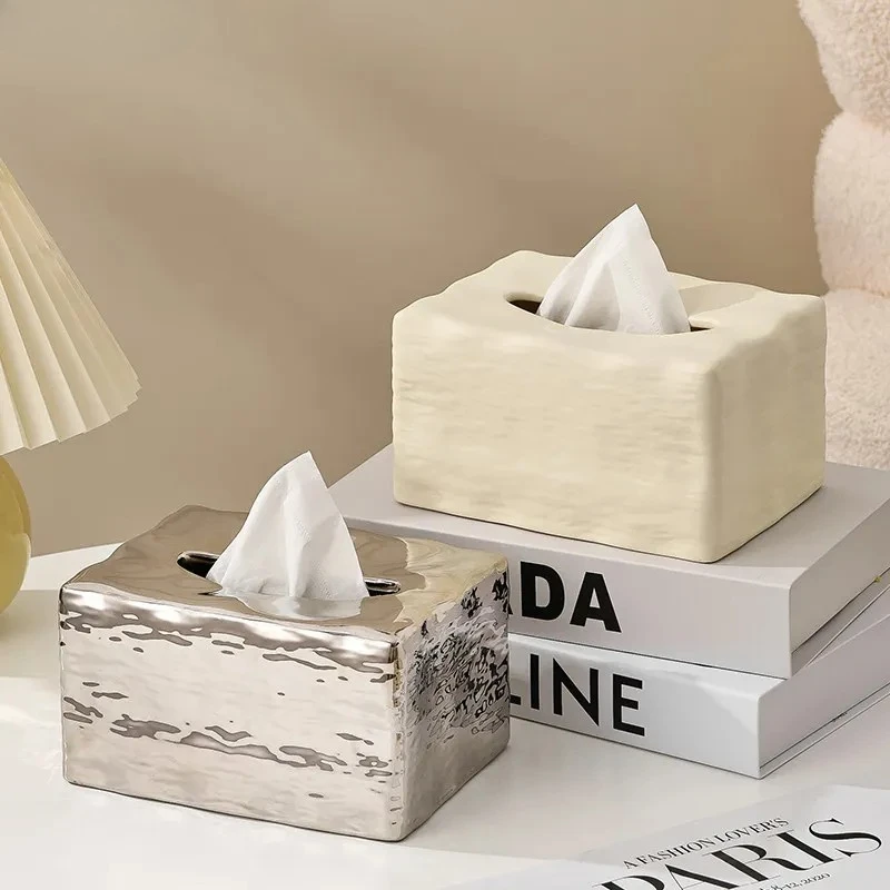 Water Ripple Ceramic Tissue Box Coffee Table Desk Decoration Minimalism Silver-plated Tissue Box Bedside Table Paper Towel Case