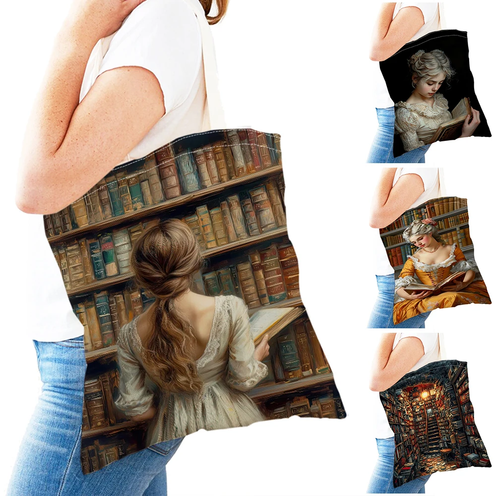 

Vintage Bookstore Girl Shoulder Tote Handbag Double Print Dark Academia Floral Witchy Book Women Shopper Bag Lady Shopping Bags
