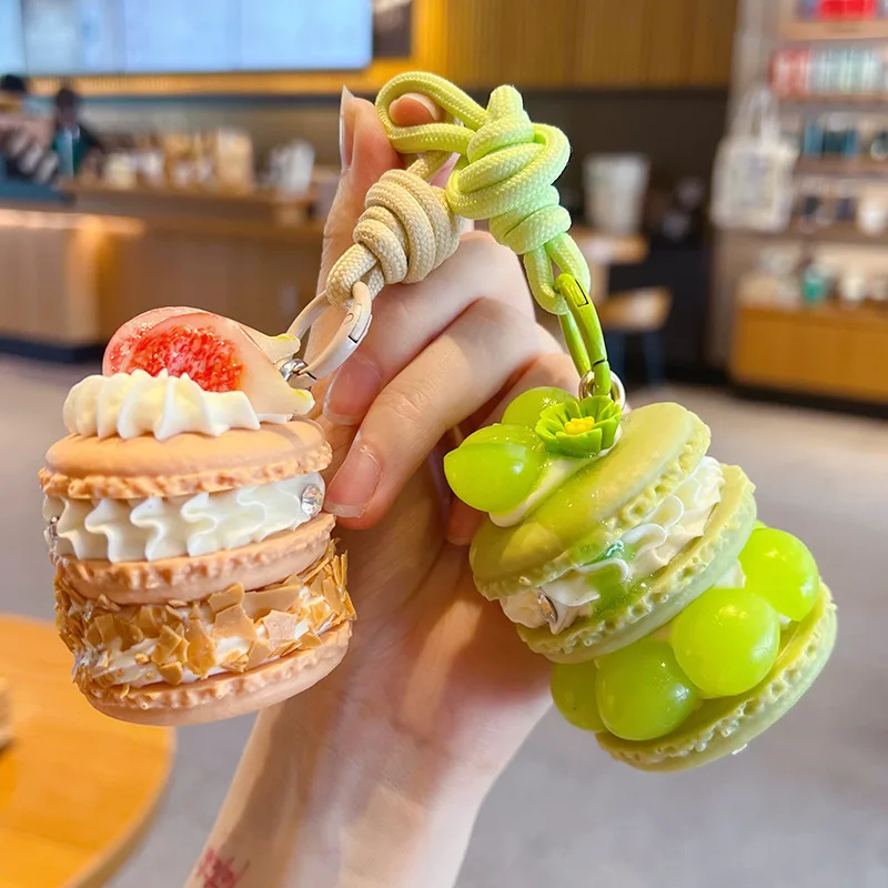 Simulation Macaroon Fruit Cake Pendant Keychain Blueberry Raisin Multi-Layer Cream Cake Funny Keyring Friends Decompressed Gift