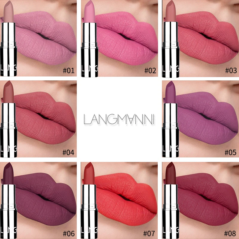 Langmani Silver Tube Matte Lipstick Non Staying Cup Makeup Lipstick 8 colors available