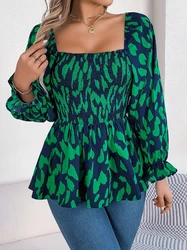 Women's Blouses Trend 2024 Elegant Ruffles Insert Square Collar Leopard Print Lantern Long Sleeved Slim Chiffon Blouse Top