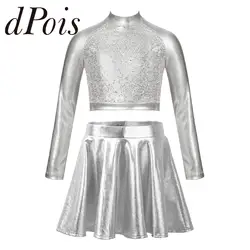 Kids Girls Shiny Jazz Dance Costumes Teens Metallic Long Sleeve Sequins Hip Clothes Outfit Children Performance Dancewear Sets