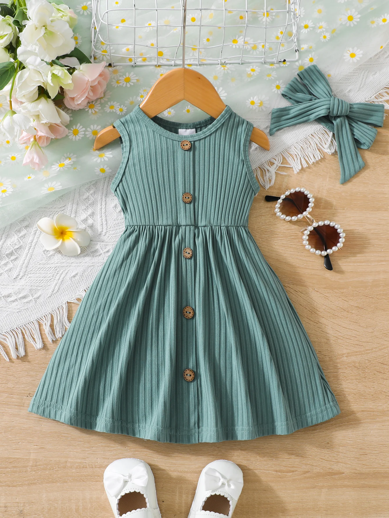 

Summer New Style Girls' Sleeveless Casual Dress + Headscarf Children's Clothing Toddler Girls' Outfit Set