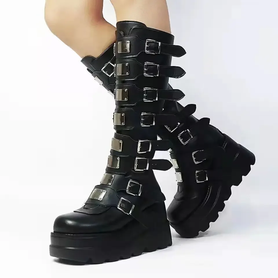 

Flat Platform Zipper Women's Rubber Shoes Women Round Toe Knee High Boots Punk Motorcycles Boots Cosplay Cool Girls