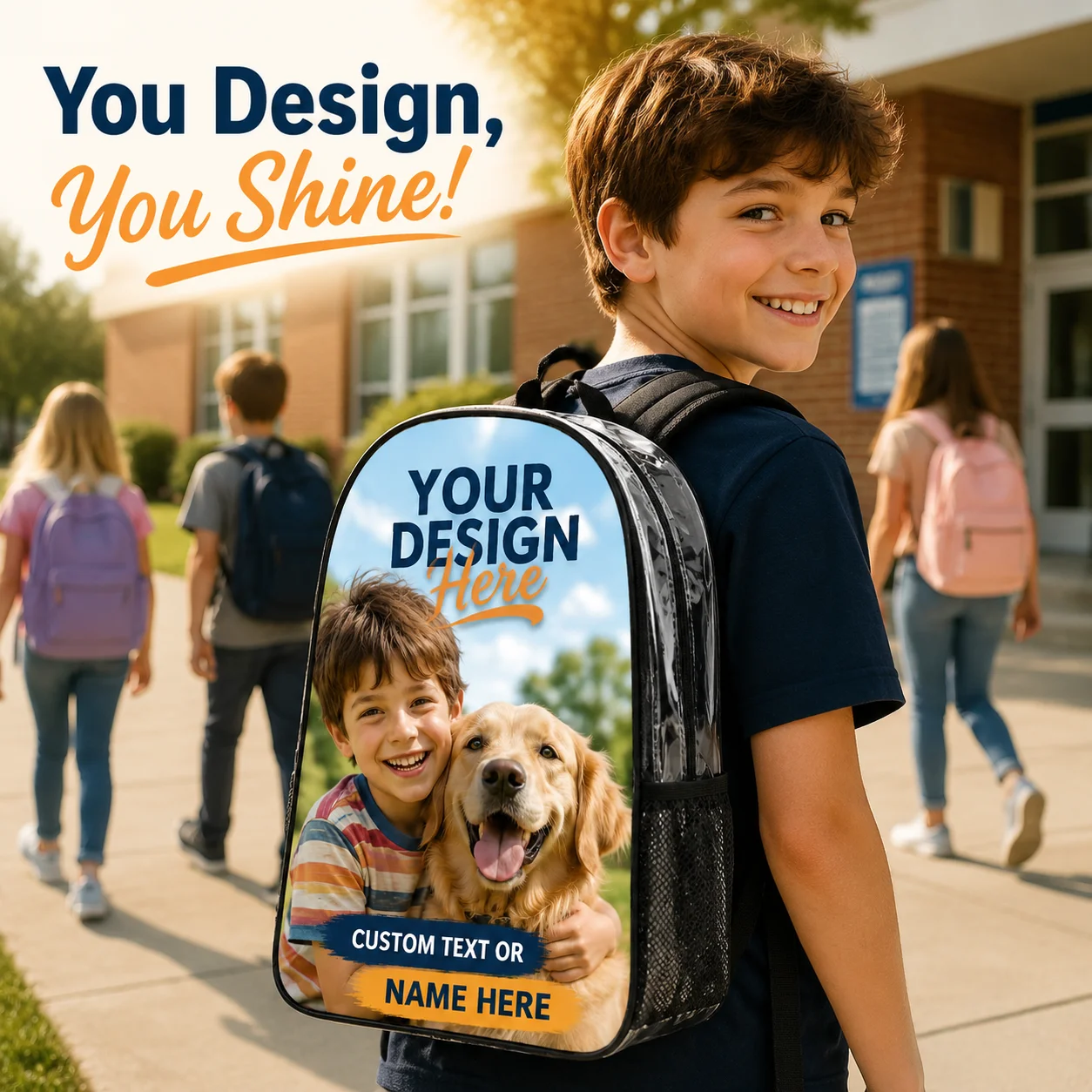 Custom Photo Print Clear PVC Backpack Stadium Concert Clear Bag Waterproof Mesh Pocket Adjustable Strap School Knapsack