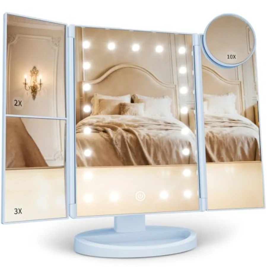 

Trifold Makeup Mirror with Integrated Lights for Daily Use and Travel Featuring 2X/3X/10X Magnification Options Touch-Controlle