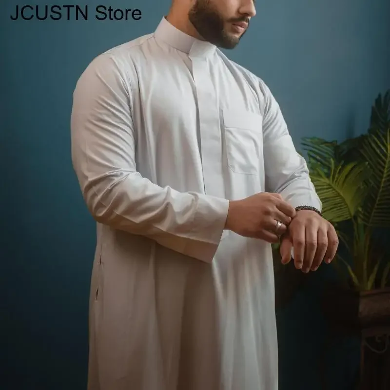 Men's Robe with Pocket Arab Middle East Qatar Collar Long Robe Design Dubai Tour Clothing Polyester Leisure Ethnic Style Costume