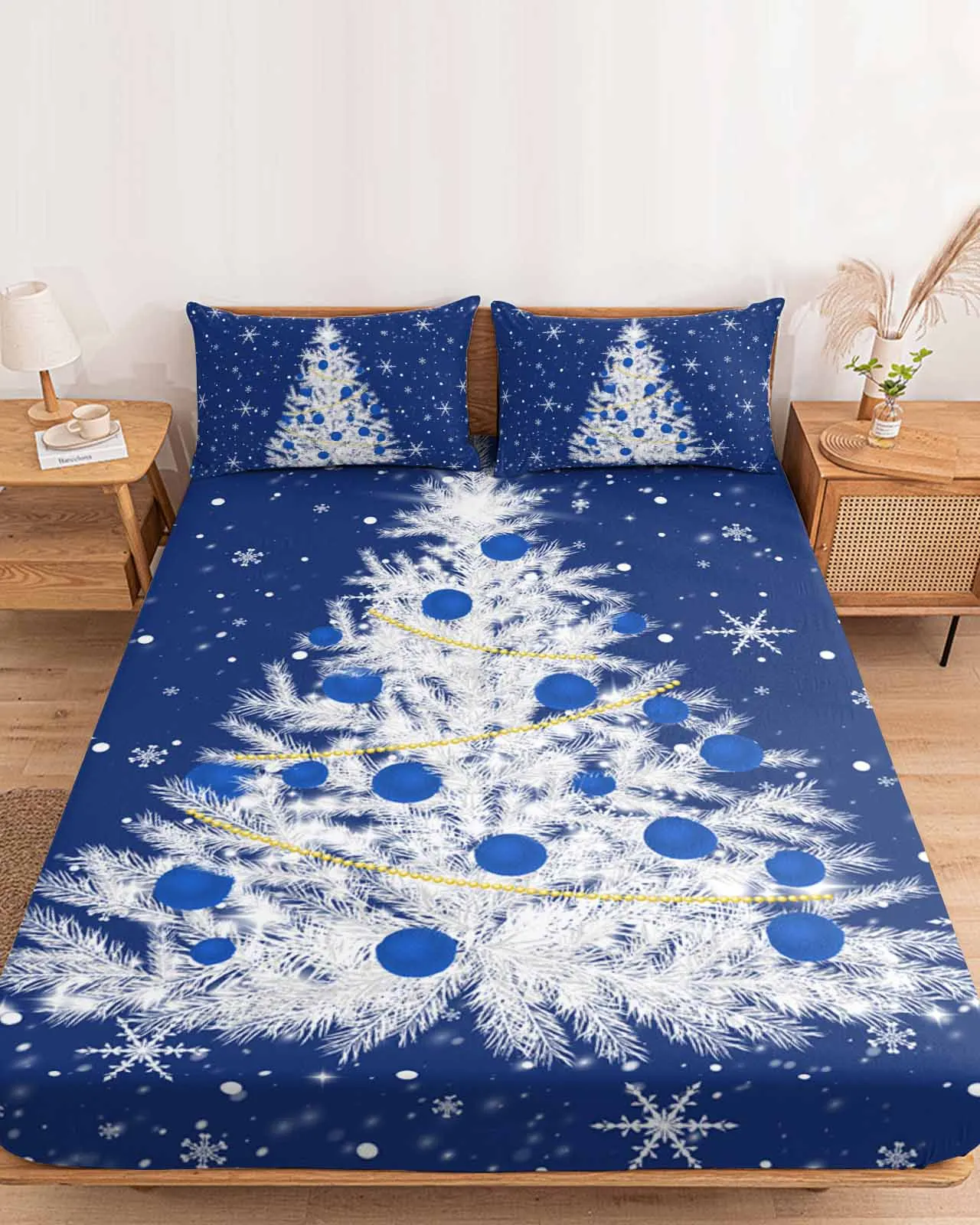 

Blue Christmas Tree Snowflakes Polyester Fitted Sheet Mattress Cover Four Corners Elastic Band Bed Sheet Pilllowcase