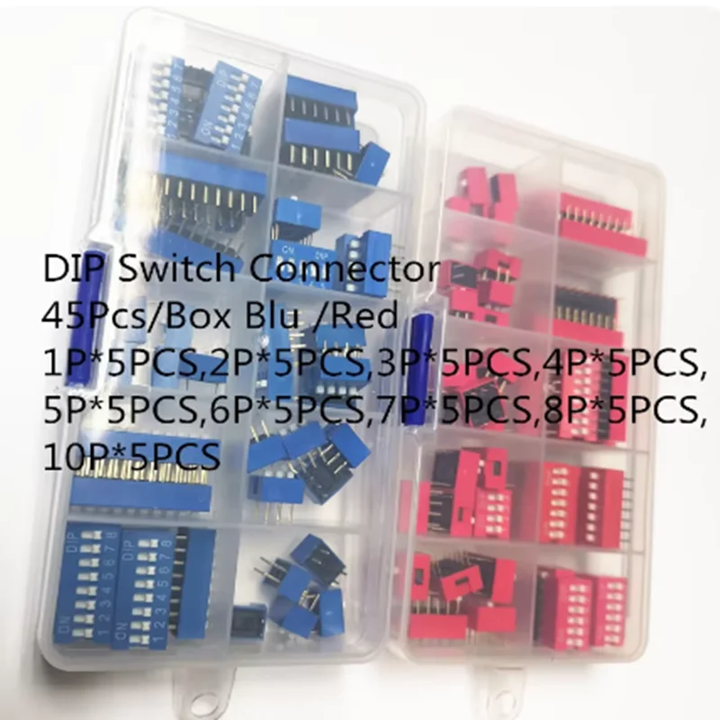 DIP Switch Connector Kit 9Values*5pcs=45pcs 1Pin-9Positions 2.54mm Red 1p 2p 3p 4p 5p 6p 7p 8p 10pin For Circuitboard Flat Dial