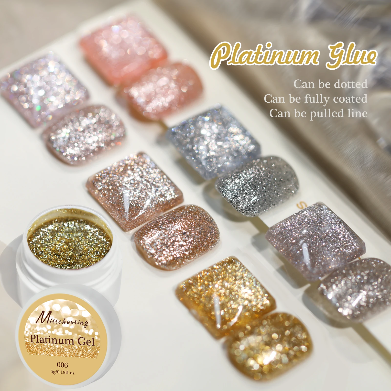 Misscheering 5g Sparkling Platinum Gel Nail Polish Super Fine Glitter UV Gel for Nail Art Can Be Dotted/Fully Coated/Pulled Line