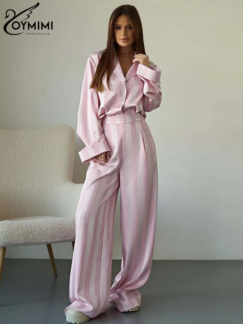 Oymimi Casual Pink Print Women 2 Piece Set Outfit Elegant Lapel Long Sleeve Button Shirts And High Waist Full Length Pants Sets