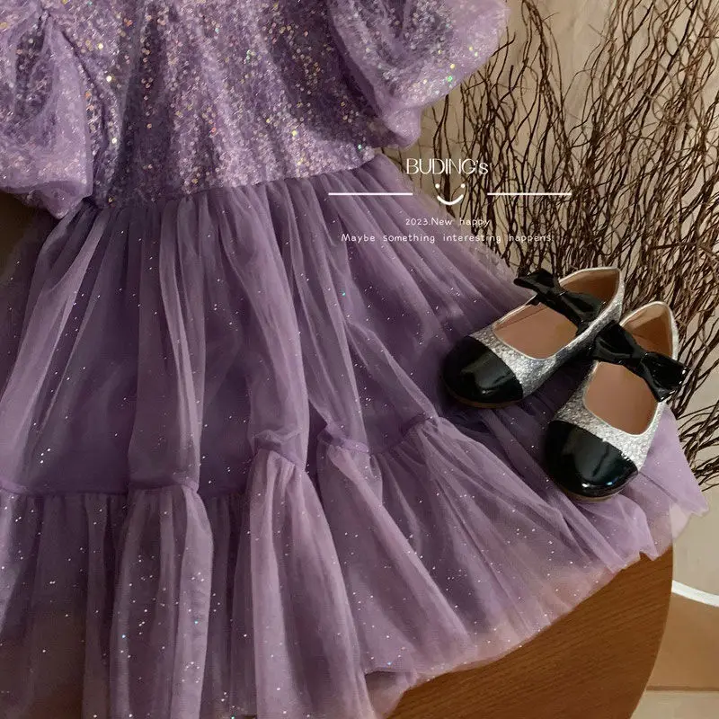 Birthday party Summer strap bow Bubble sleeve Girls Cake Purple Shiny Dresses princess childrens Daily Clothing Gauze Skirts