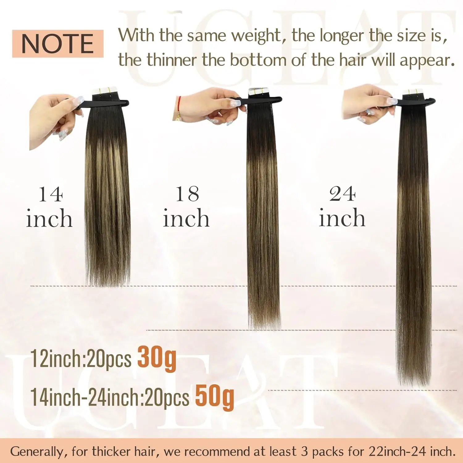 [NEW] Ugeat Tape in Hair Extensions Human Hair Balayage Straight Seamless Skin Weft For Women 20Pcs/Pack 100% Human Natural Hair