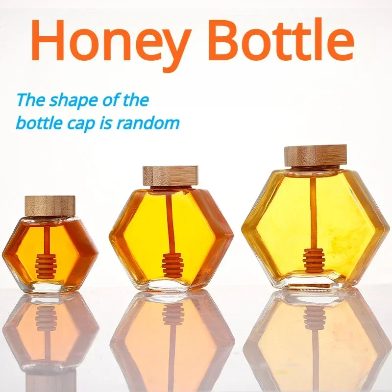 100/220/380ML Hexagonal Glass Honey Bottle Wooden Stirring Rod Honey Packaging Bottle Honey Bottle Container Jar