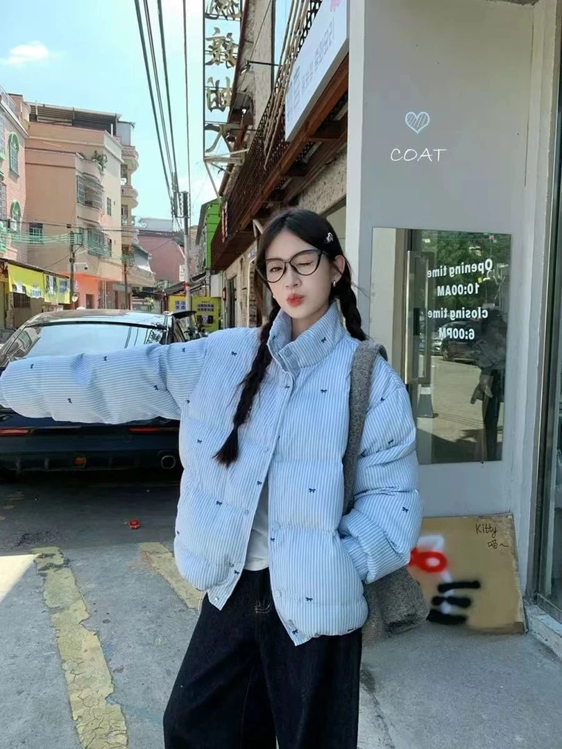 Y2K اليابانية معطف الحلو المرأة طويلة الأكمام مخطط فراشة الديكور سترة دافئة غير رسمية موضة الخريف الشتاء أبلى