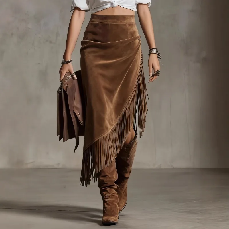 New European American Women's Retro Western Fringed Hemline Irregular Suede Skirt Skirt Fashionable Personalized Women Clothing