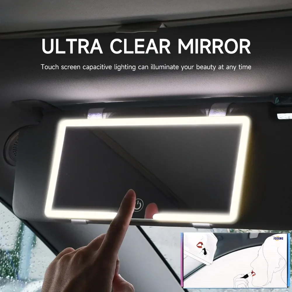 Car Interior Mirror Sun Visor Cosmetic Mirror HD Adjustable with LED Light Rechargeable Touch Screen Rearview Mirror