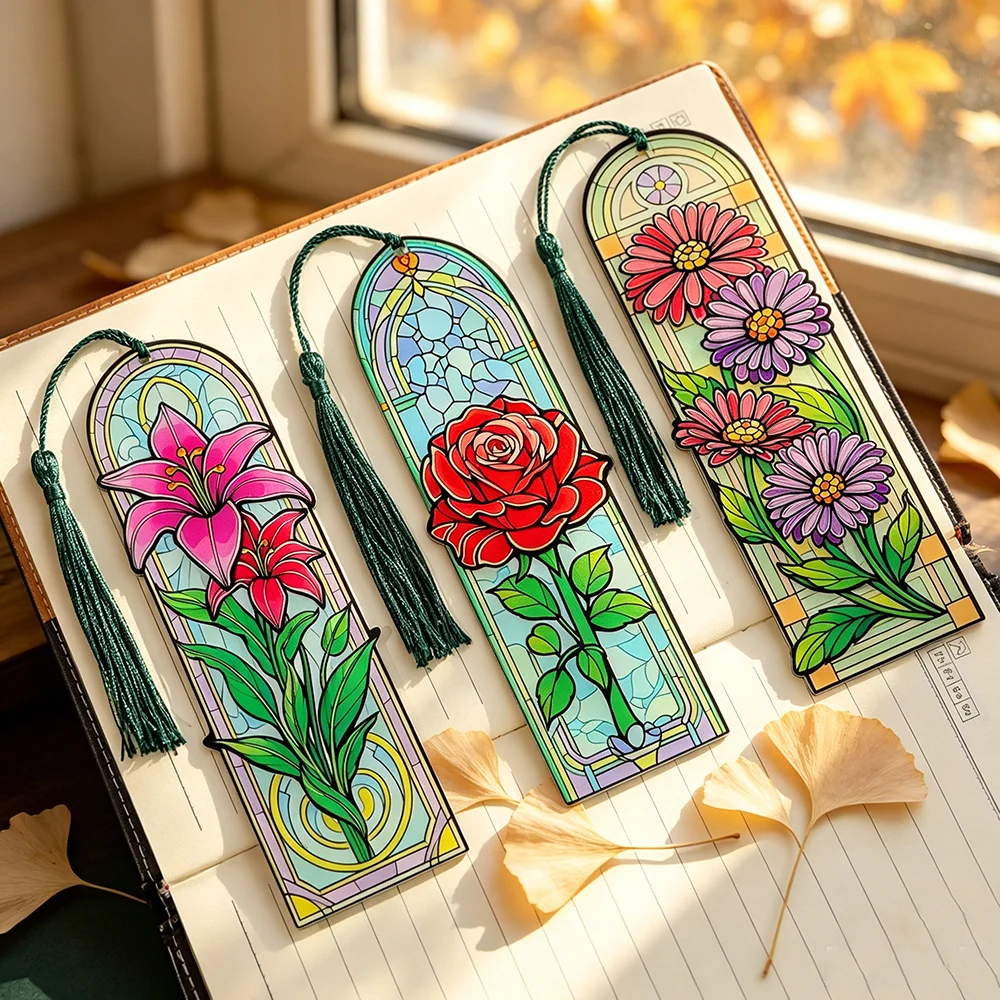 Juego de Marcadores de Acrílico con Borlas, Diseño de Rosas, Lirios y Margaritas, Marcadores de Vidrio Templado para Lectura y Diario, para Mujeres Lectoras