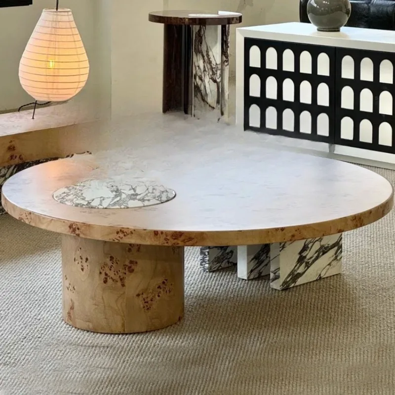 

Medieval solid wood Bulgari coffee table light luxury marble round coffee table combination modern parquet tea table household