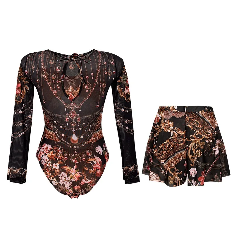 Femmes élégantes 2 pièces maillot de bain Vintage imprimé à manches longues body maillot de bain Mini jupes plage vacances tenues féminines vêtements