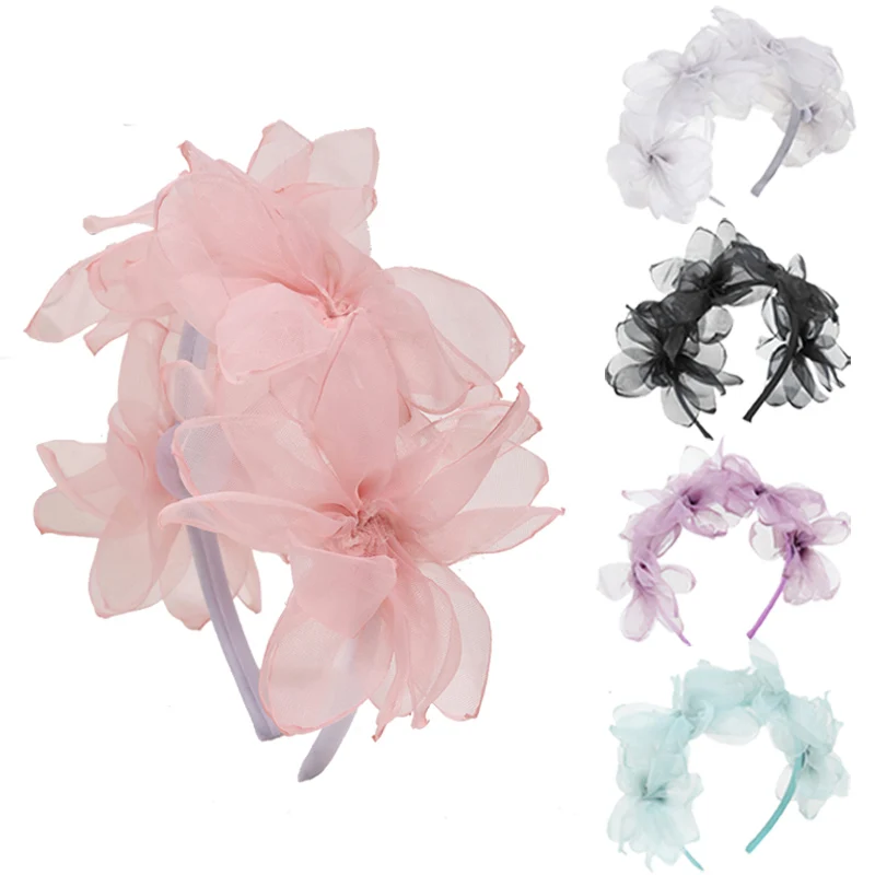 Fashion Mesh Flower Headband For Women Pink Girls Hairband Hair Hoop Kids Princess Headdress Hair Accessories Flower Headwear