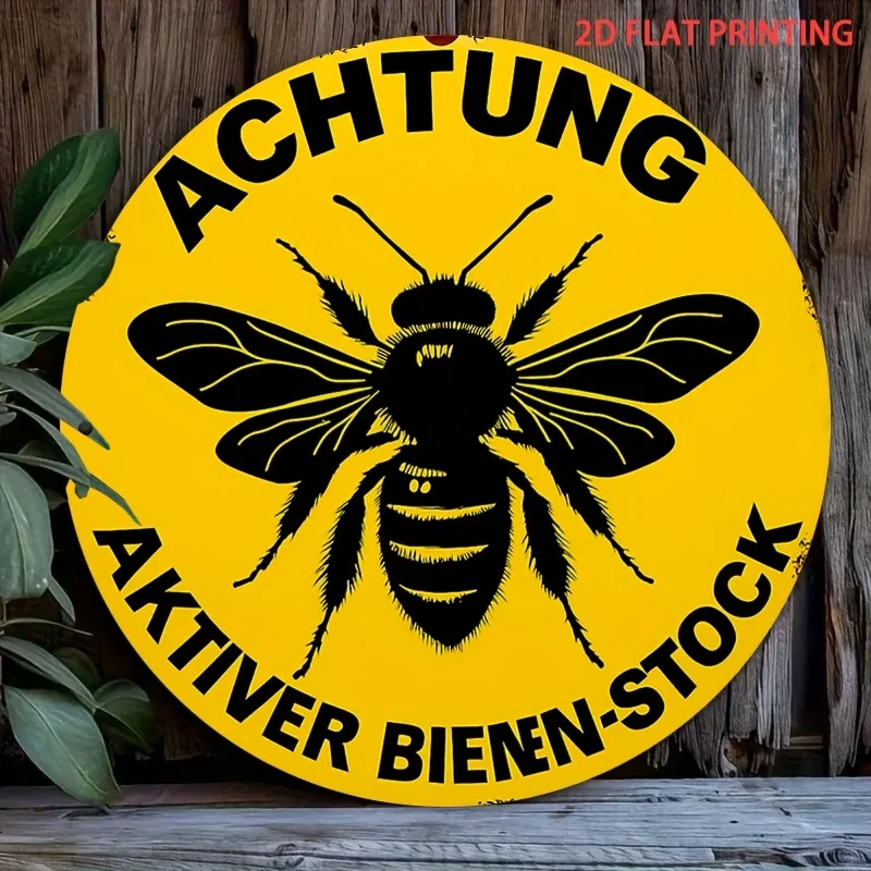 مسطح ثنائي الأبعاد، قطعة واحدة من علامة تحذير مستعمرة النحل النشطة - مع النص الألماني "Achtung - Aktiver Birnenstock"، رسم النحل - شركة الحديد شديدة التحمل