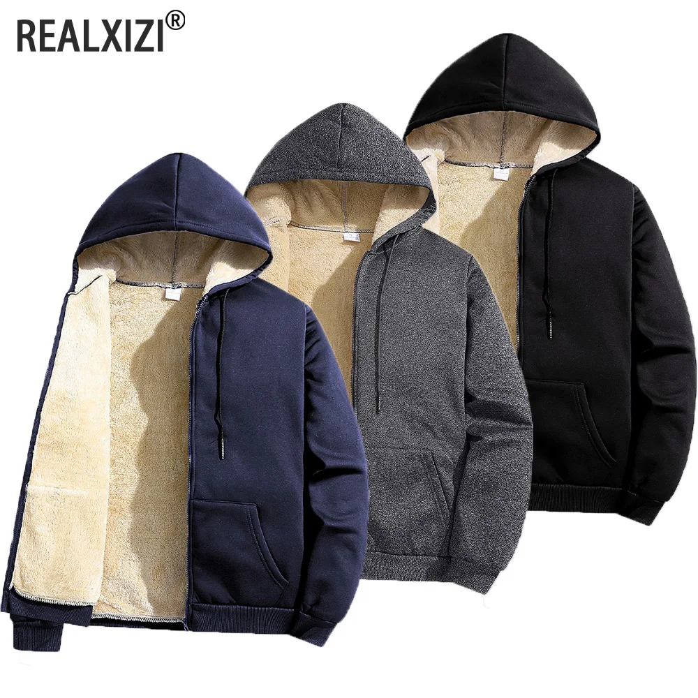 Men\'s Winter Lambswool Jackets Plus Size Zipper Hoodies Winter Warm Coats Long Sleeved Jacket Casual Coat Tops Clothing