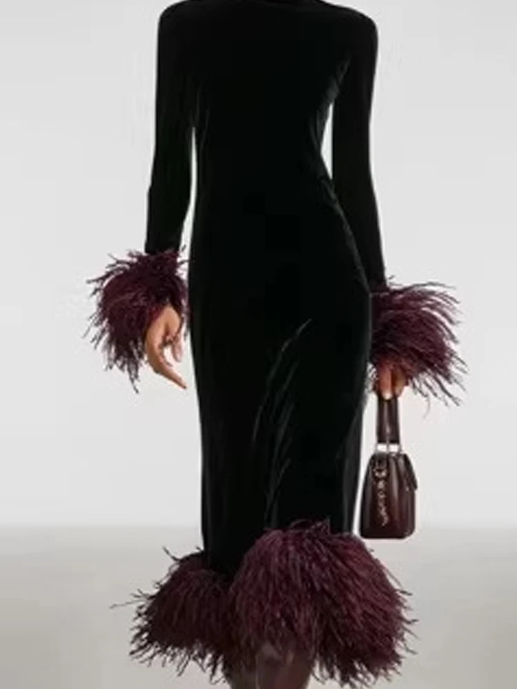 

Elegant Feather Splicing Slim Long Dress Women's Casual Temperament Velvet Dresses Fashion Stand Collar Solid Color Gowns Dress