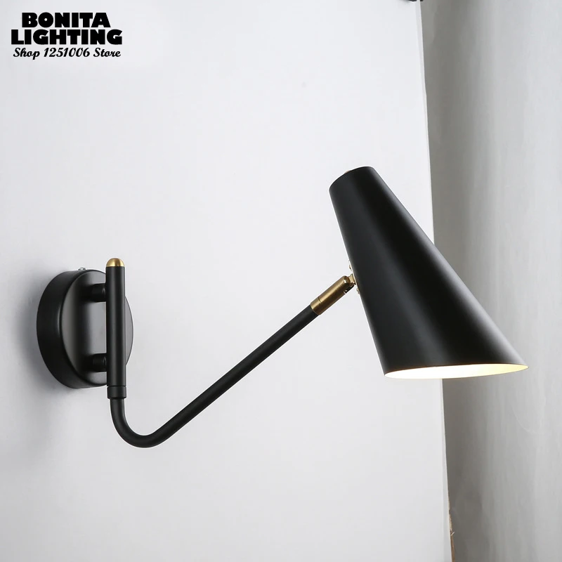 Nordic Black/white Horn Wall Lamp Swing Arm Angle Adjustable Bedside Living Room Study Room Reading Sconces Light with Switch