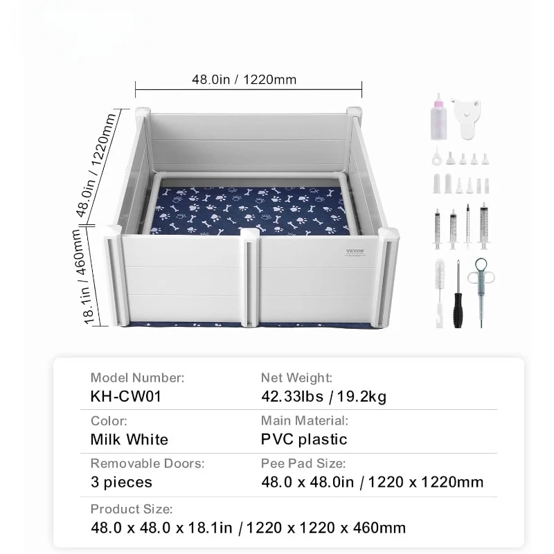 Whelping Box for Dogs, 48 x 48 x 18.1in,Dog Birthing Box with Rails and Washable Pee Pad,Whelping Box for Large Breed Dogs,White