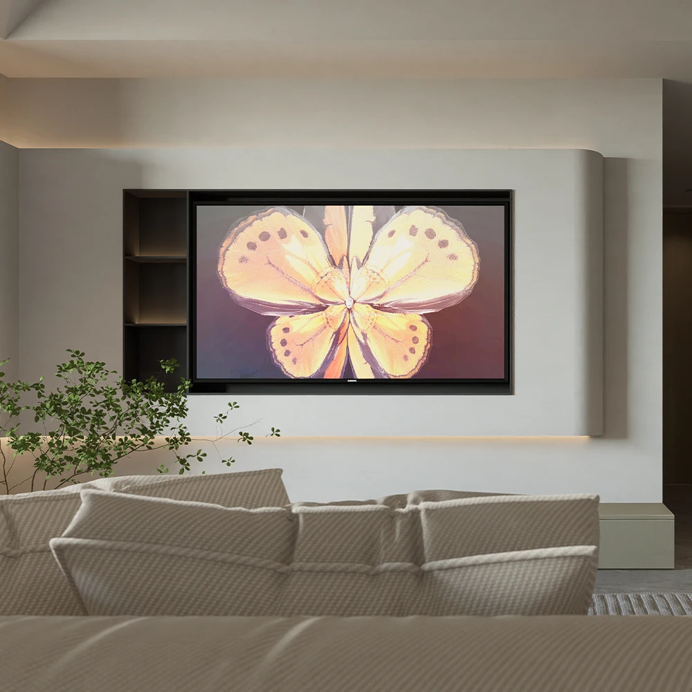 #Factory Supply Minimalist Curved Recessed TV Cabinet Combination Wood TV Niche With Ambient Light Home Interior Decor