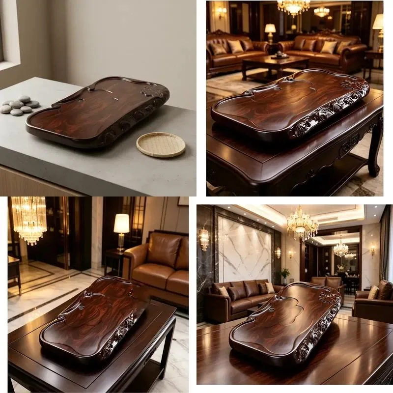 Solid wood tea tray for family living room - modern minimalist design, size, waterproof drainage