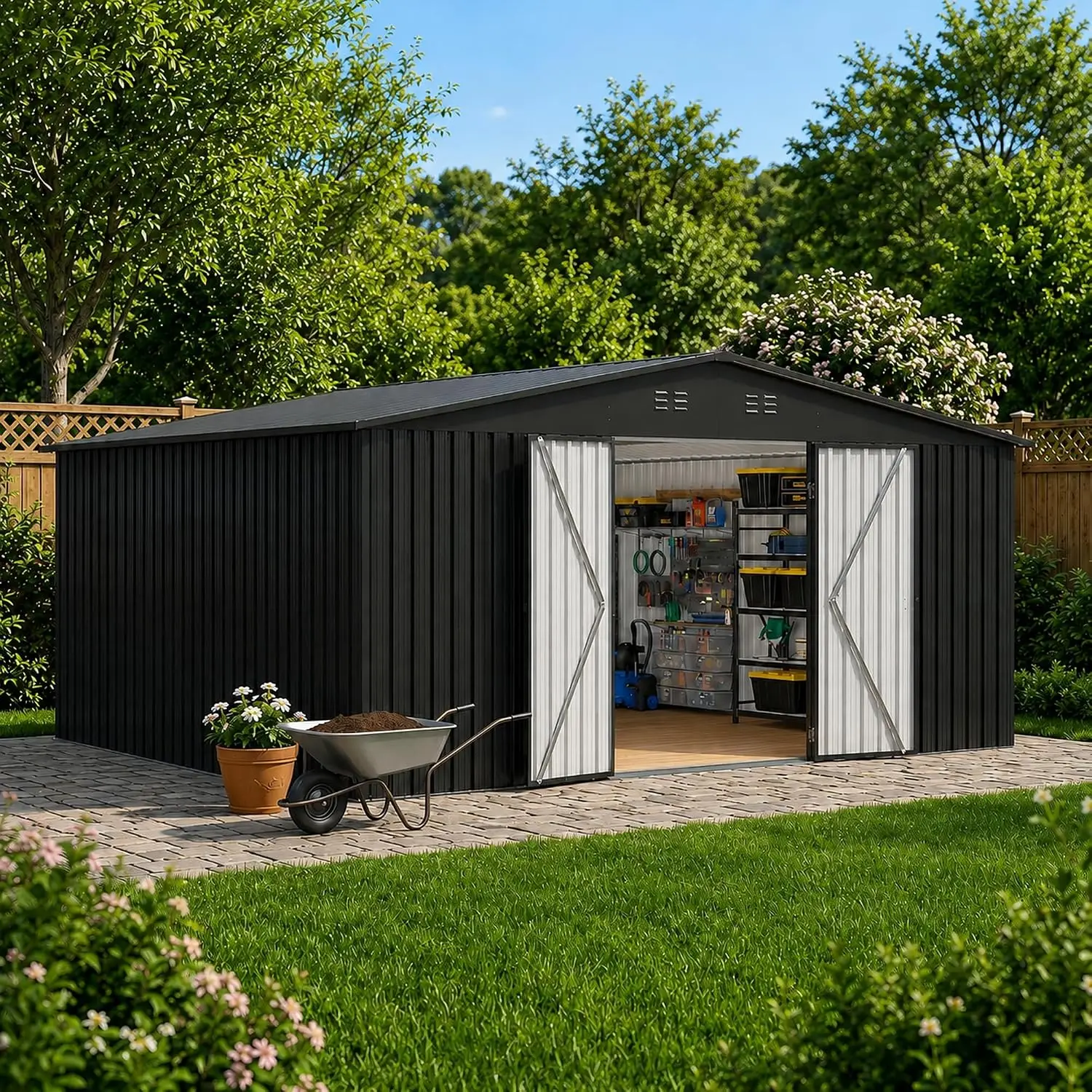 12x14 FT Outdoor Storage Shed, Large Metal Garden Shed | Lockable Double Doors, Updated Frame Structure, Waterproof, Customized