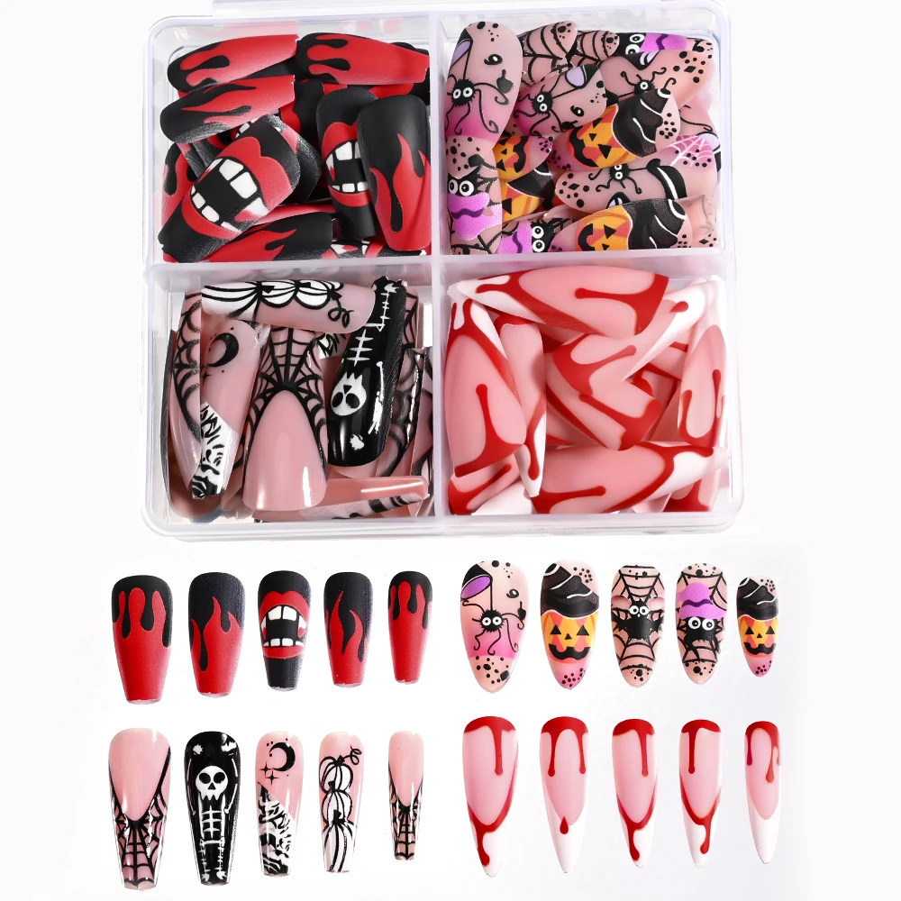 4*24Pcs Halloween Flase Nail Pumpki/Spider/Web/Blood/Red Mouth/Full Cover Press on Nails Coffin/Almond Artificial Fake Fingertip