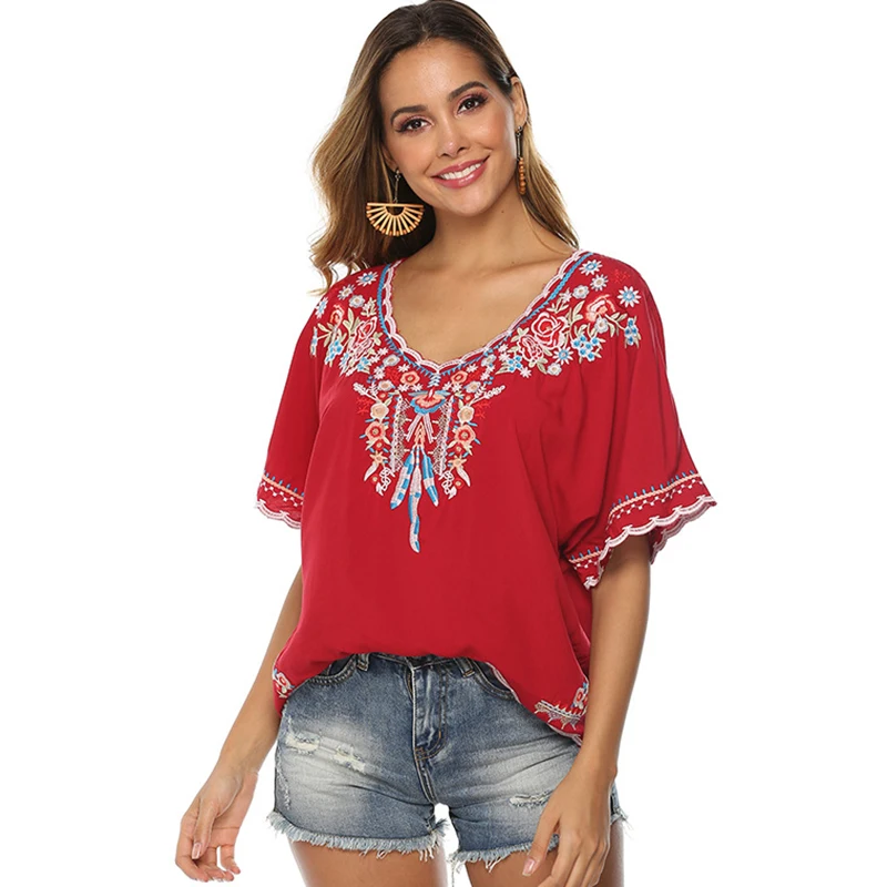 Le Luz Red Floral Embroidery Blouses Shirt Cotton Boho Hippie Mexican Shirt Short Sleeve Women 23xl Ethnic Hippie Shirt 2022