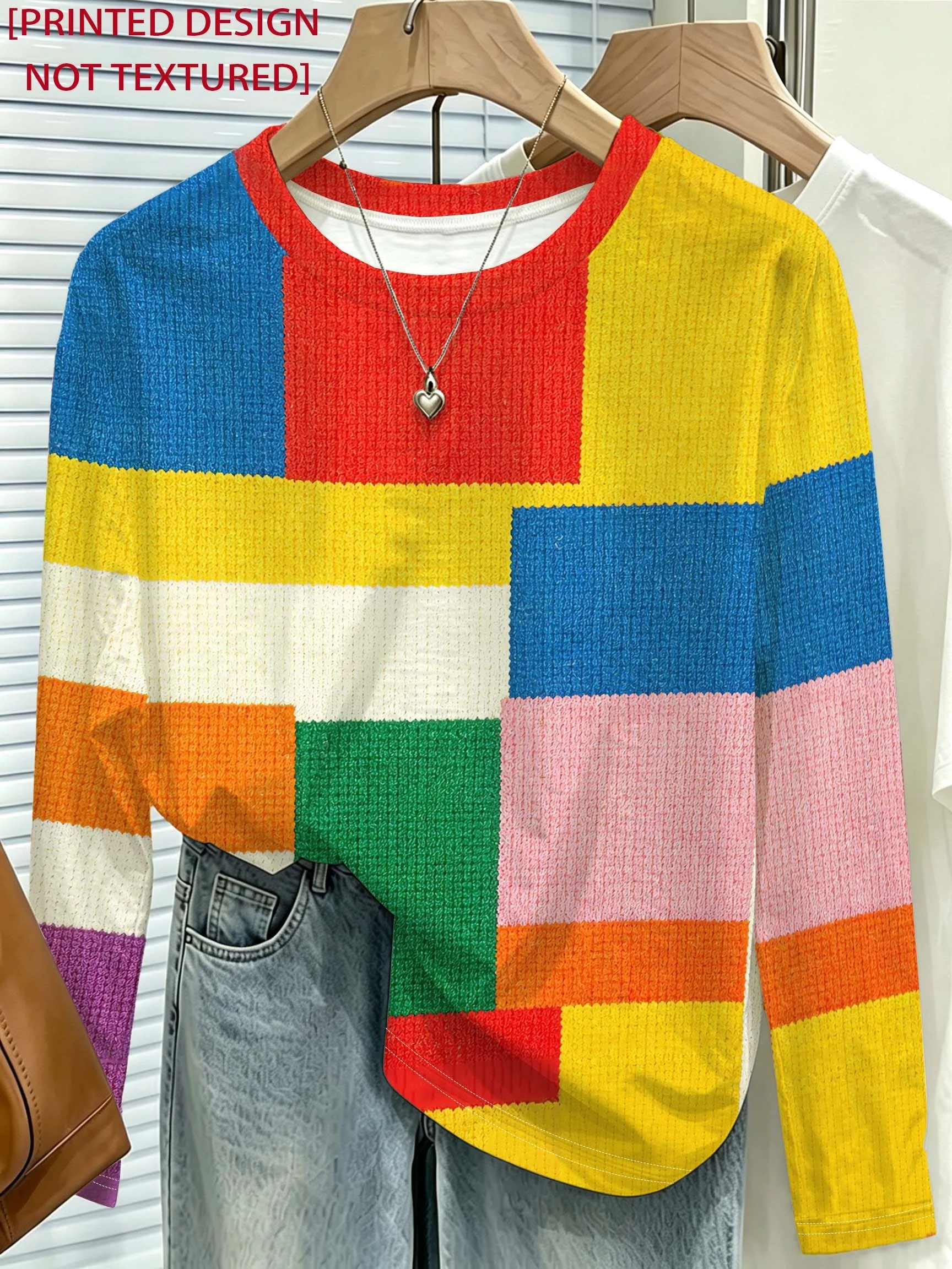 Women Long Sleeve T Shirt Color Block Geometric Print Round Neck Retro Casual Autumn Top Women's Clothes