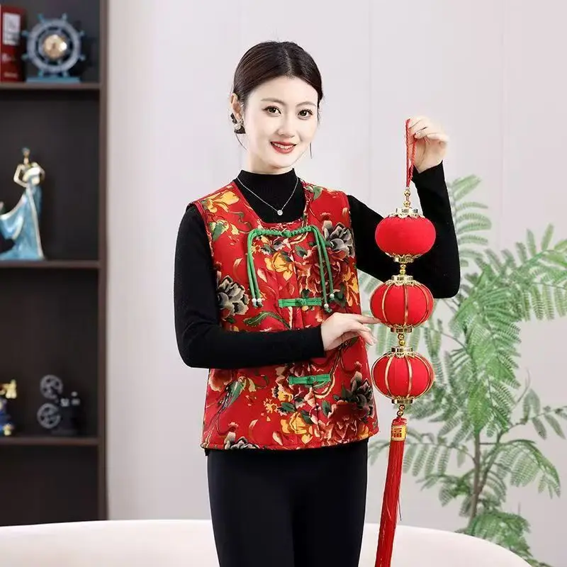 

High-End Women's Fce Lined Jaet Vest Top with Large Flower Print for Autumn And Winter Commute Sle Regular Length