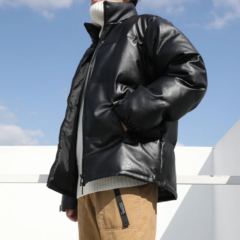 Down Stand Collar Winter Coat down Bread Coat Korean Fashion Loose Cotton Jacket PU Leather Coat