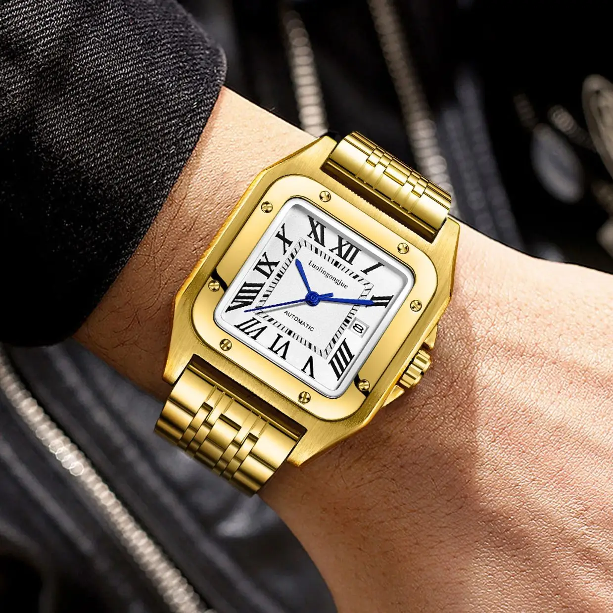 

New Small Gold Square Watch for Men, Mechanical Watch, Automatic Winding, Skeleton Design, with Calendar Display, Butterfly Clasp Stainless Steel Strap, High-End Business Casual Stylish Versatile Handsome Men's Watch with European and American Style, Fash