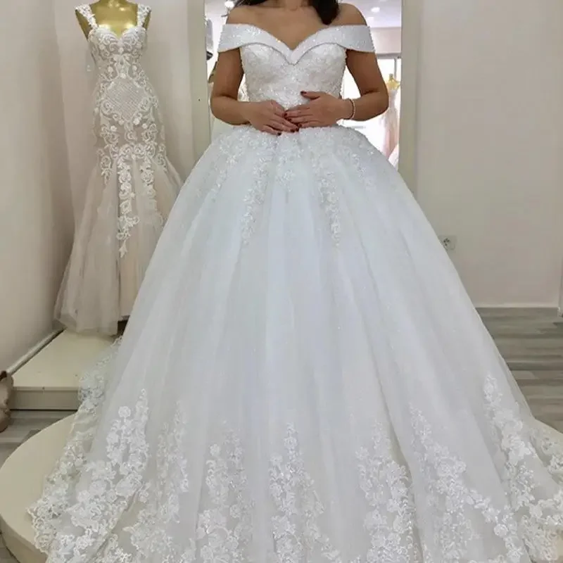 Vestido De novia con apliques De encaje y hombros descubiertos, cuentas personalizadas, Vestido De boda con corsé hinchado en la espalda