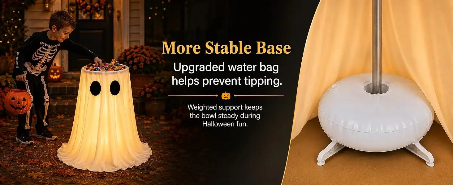 The Glowing Halloween ghost candy bowl has a weighted water bag base to keep stable on porch