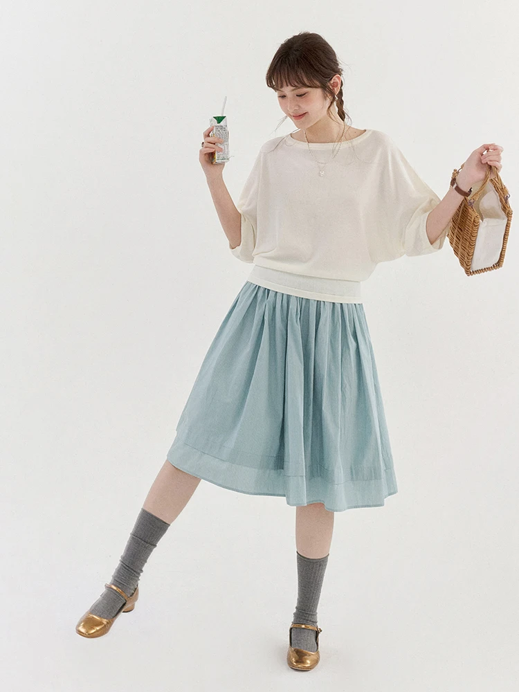Blue Striped High Waist Pleated Cotton  Skirt Women's Summer New Style A-Line Short Skirt Commute Korean Version