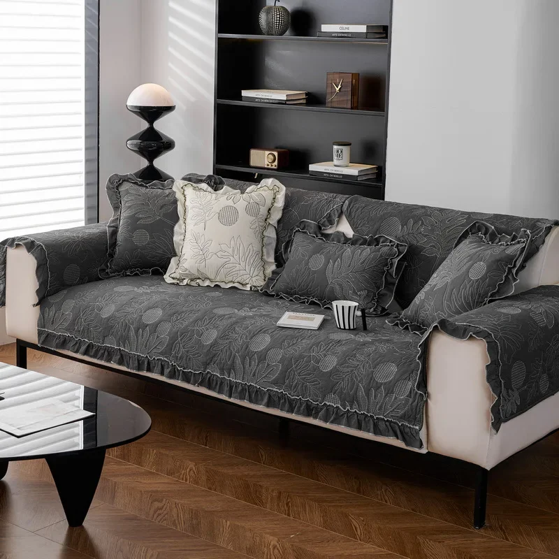 

All Seasons Cotton Sofa Cover With Ruffled Edges Artistic Style Anti-slip Sofa Cushion Shaped Corner Couch Slipcover Living Room