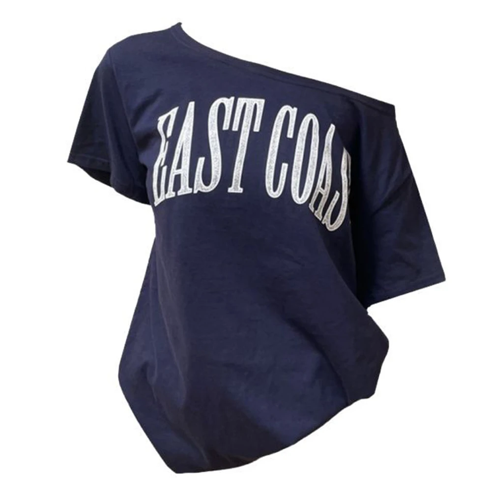 Summer-Friendly Off Shoulder T-Shirt for Women with Letter Print Accent Short Sleeve Relaxed Fit Top for Outdoor Relaxation
