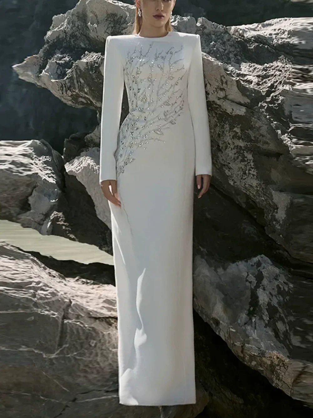 Modphy جودة عالية مصمم أزياء المرأة حجر الراين الماس مطرز فستان طويل رسمي كم طويل فستان ماكسي فاخر